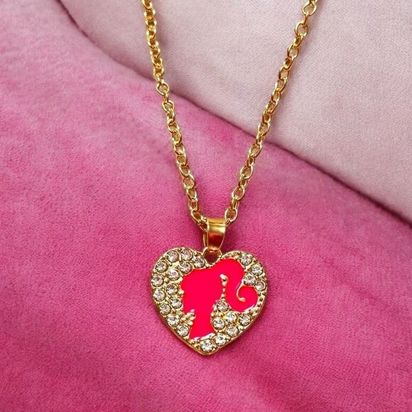 Pink And White Rhinestone Barbie Heart Necklace And Earrings Jewelry Set - Picture 2 of 3